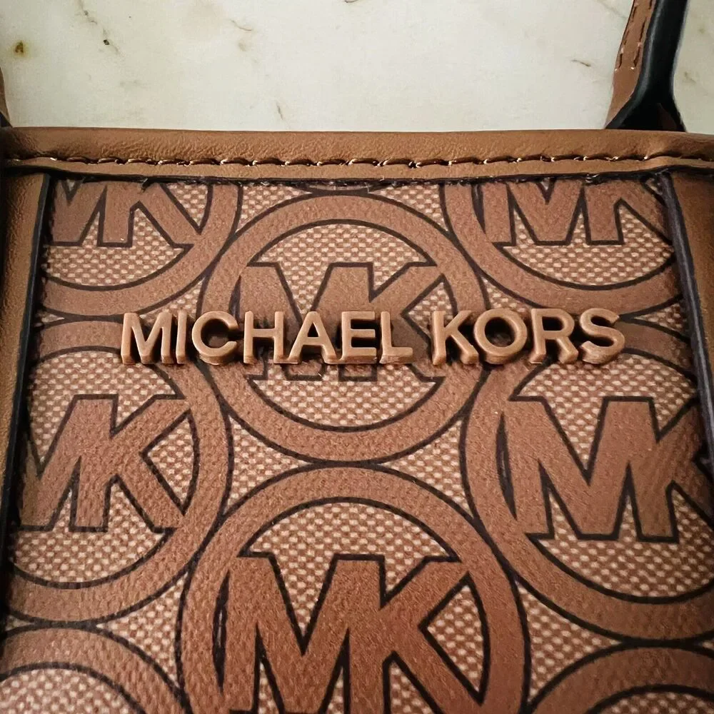 MICHAEL KORS Jodie Luggage Brown Tan Logo Print Small Tote Bag